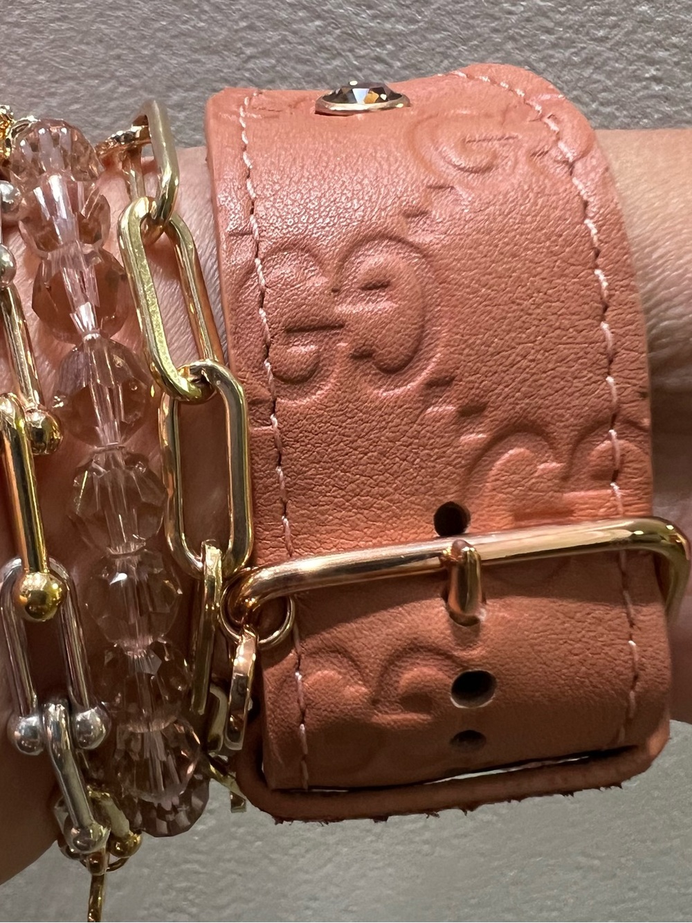 Spark*l band GG Coral Pink Leather Watch Strap with Vintage Rose Crystal Accent - Picture 2 of 5